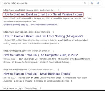 google searps on the term "how do i start an email list"