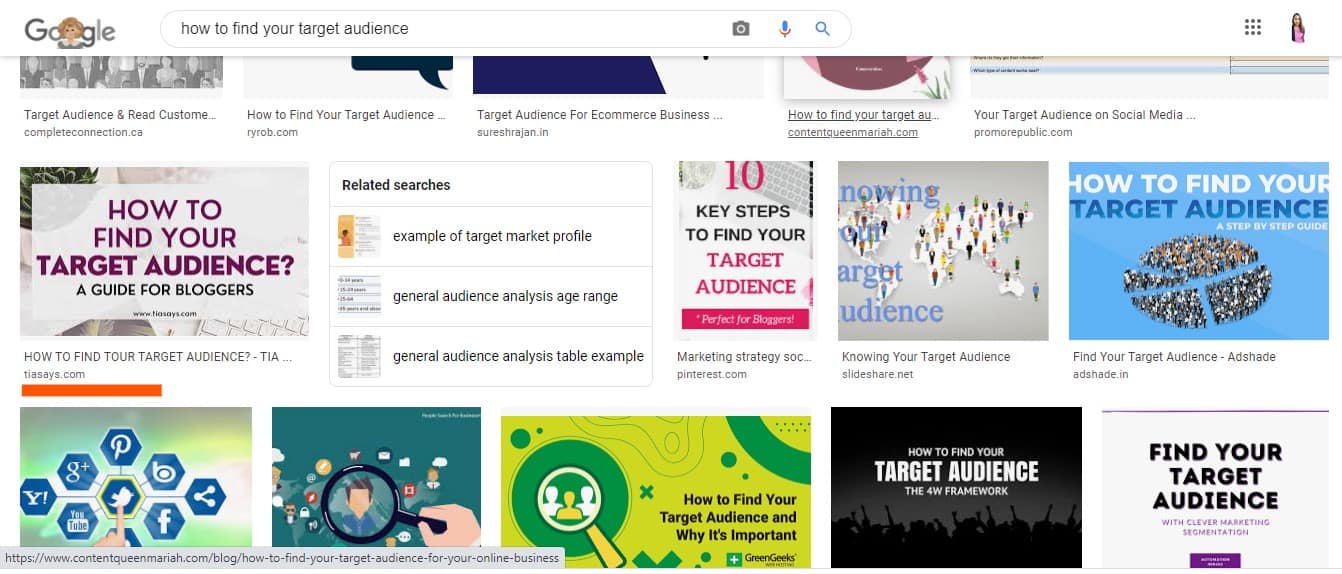 image search result on a query target audience