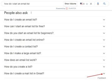 people also ask section for keyword "how to start an email list"