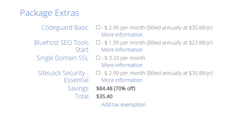 package extras on Bluehost