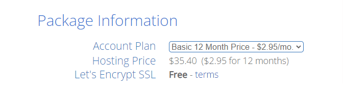 choosing package information on bluehost