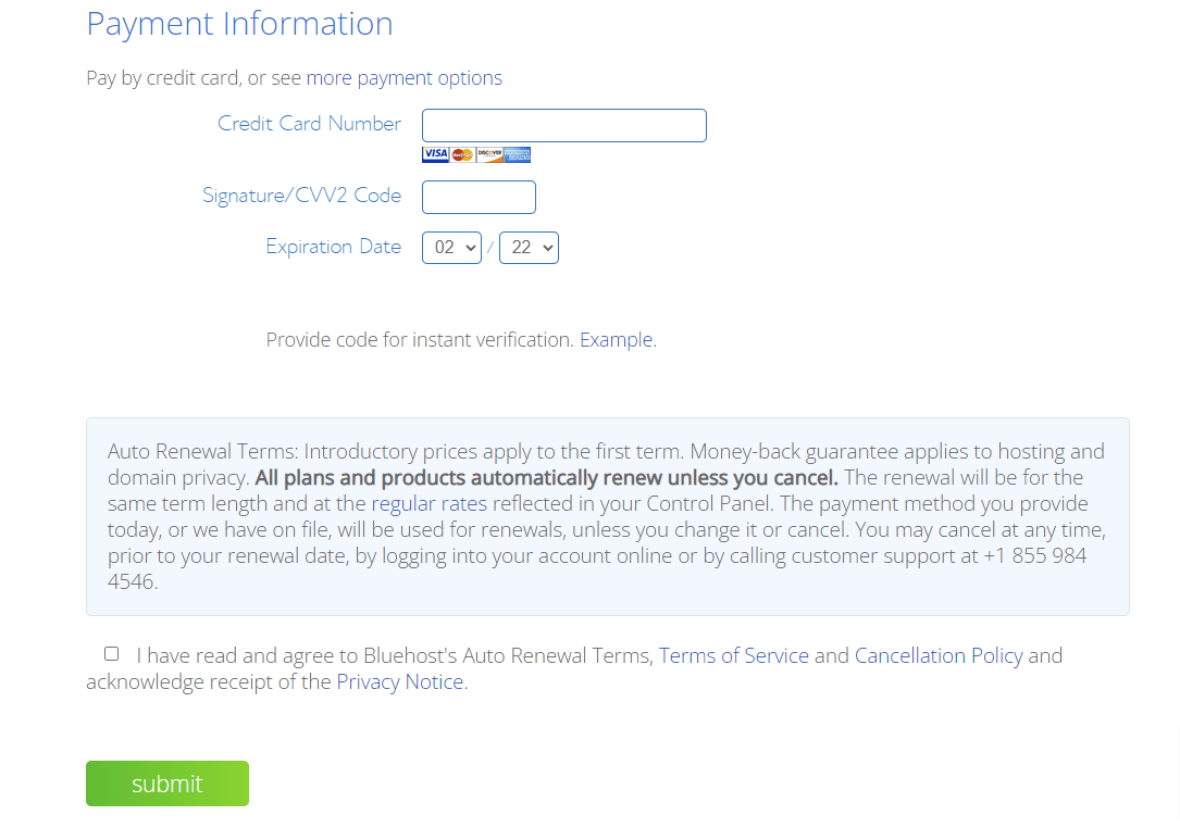 payment information on Bluehost