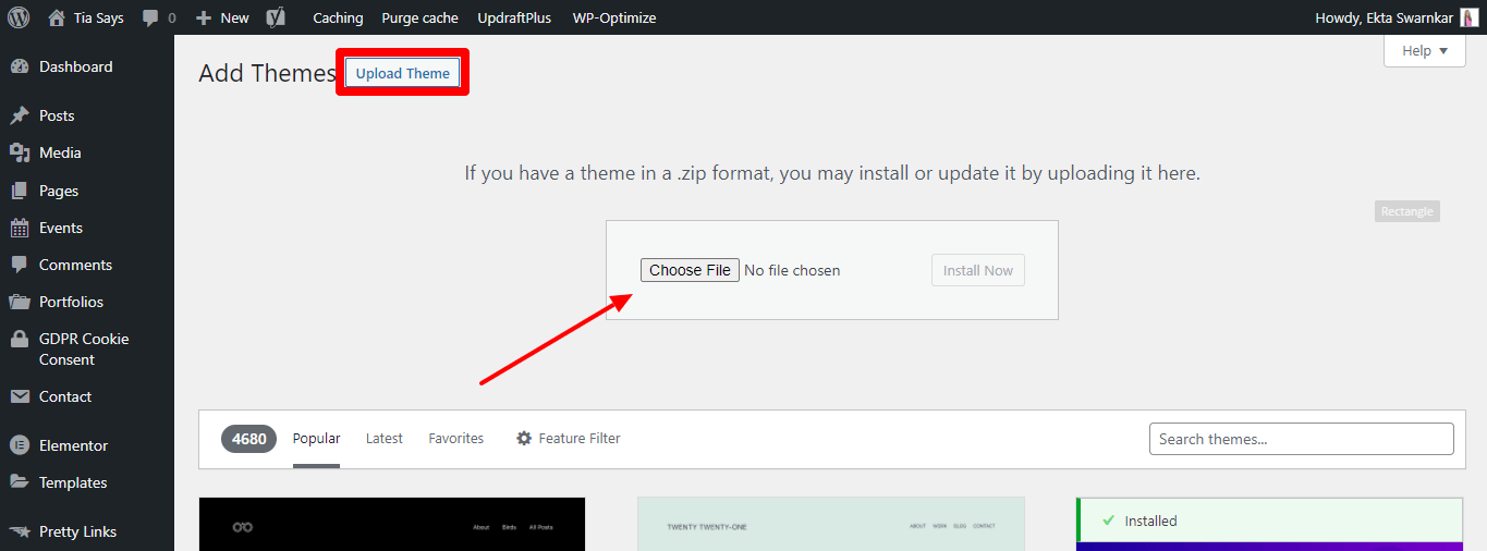 uploading a zip file on wordpress theme