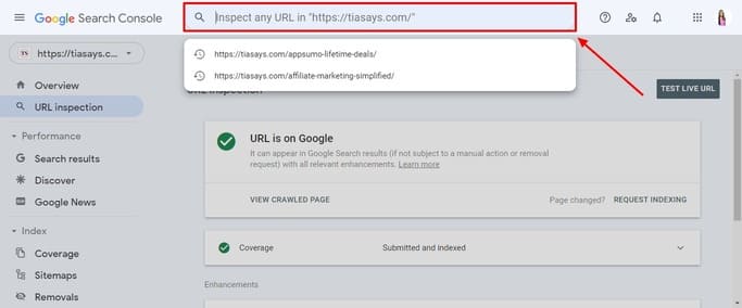 adding a link on search console to index