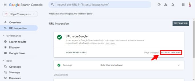 request indexing on search console