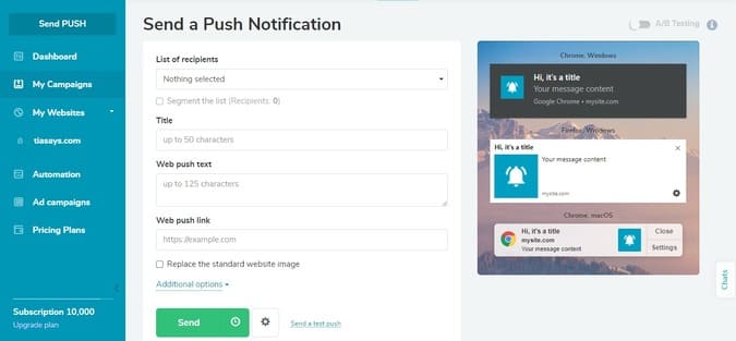 sending push notifications on sendpulse