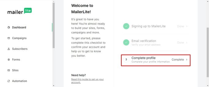 completing your profile on mailerlite