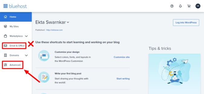 choosing the advanced setting on bluehost dashboard