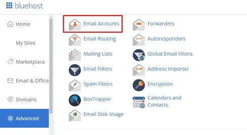 choosing the email accounts option on the email section