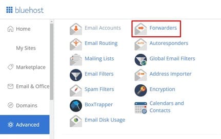 choosing the email forwarder option on bluehost