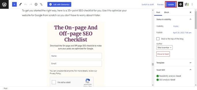 previewing the email sign up form on wordpress